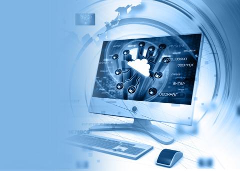 Graphic of a computer with a large screen showing a cloud linked with data sources, and map in the background